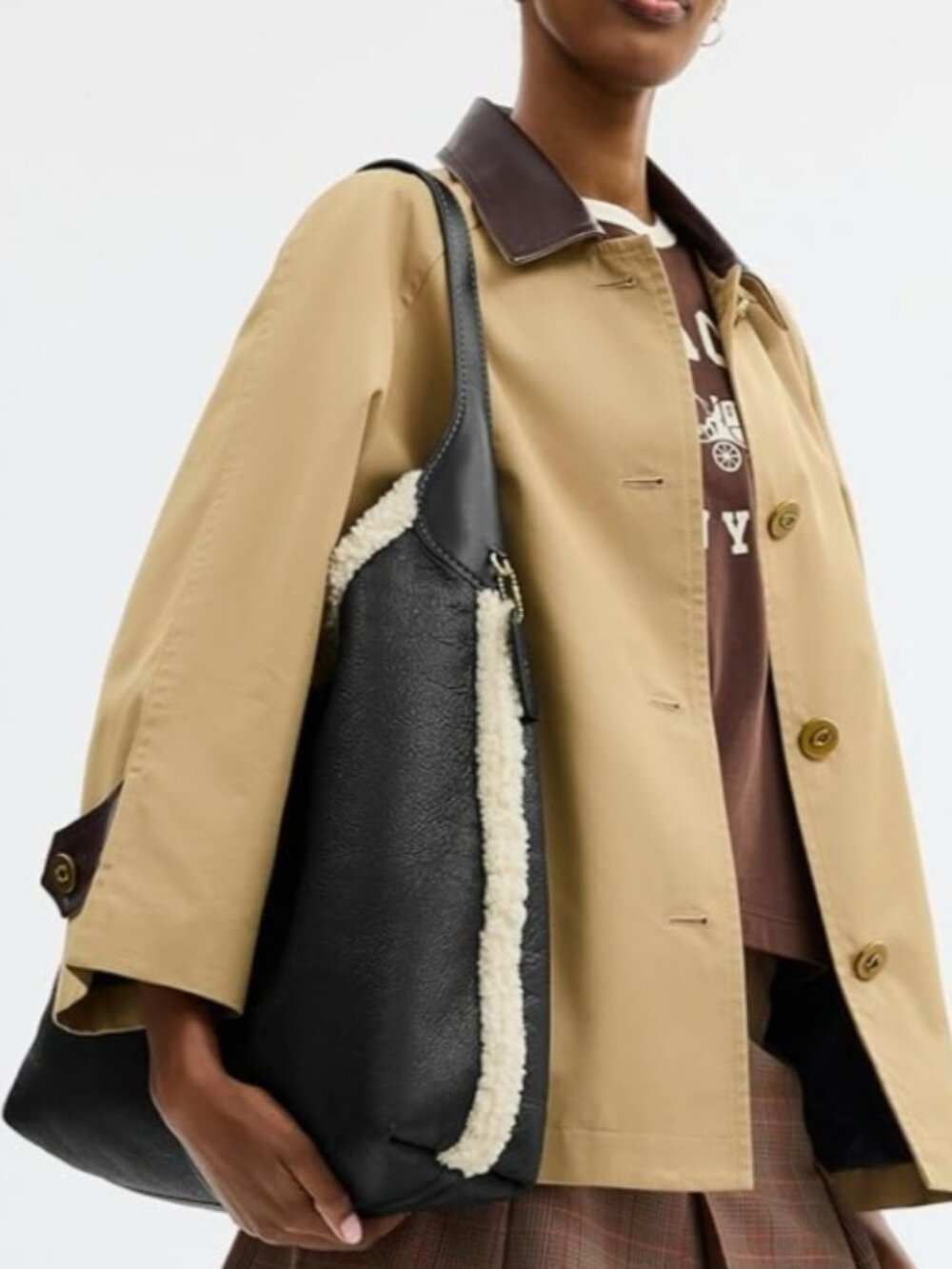 Coach Brooklyn Large 39cm Leather & Shearling Hobo Shoulder Bag in Black, NWT - Picture 3 of 7